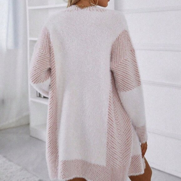 Pink Casual Women's Long Sleeve Solid Color Patchwork Cardigan - Picture 2 of 6